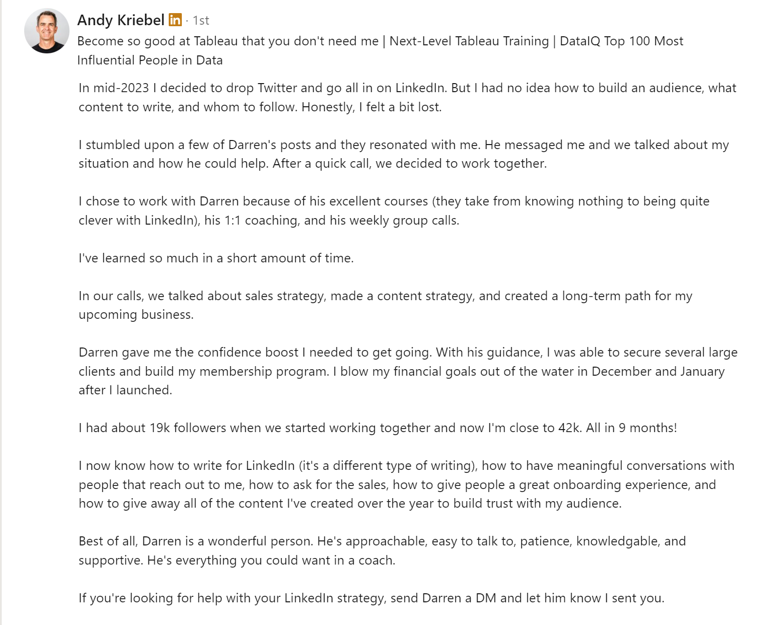 Andy Kriebel testimonial
