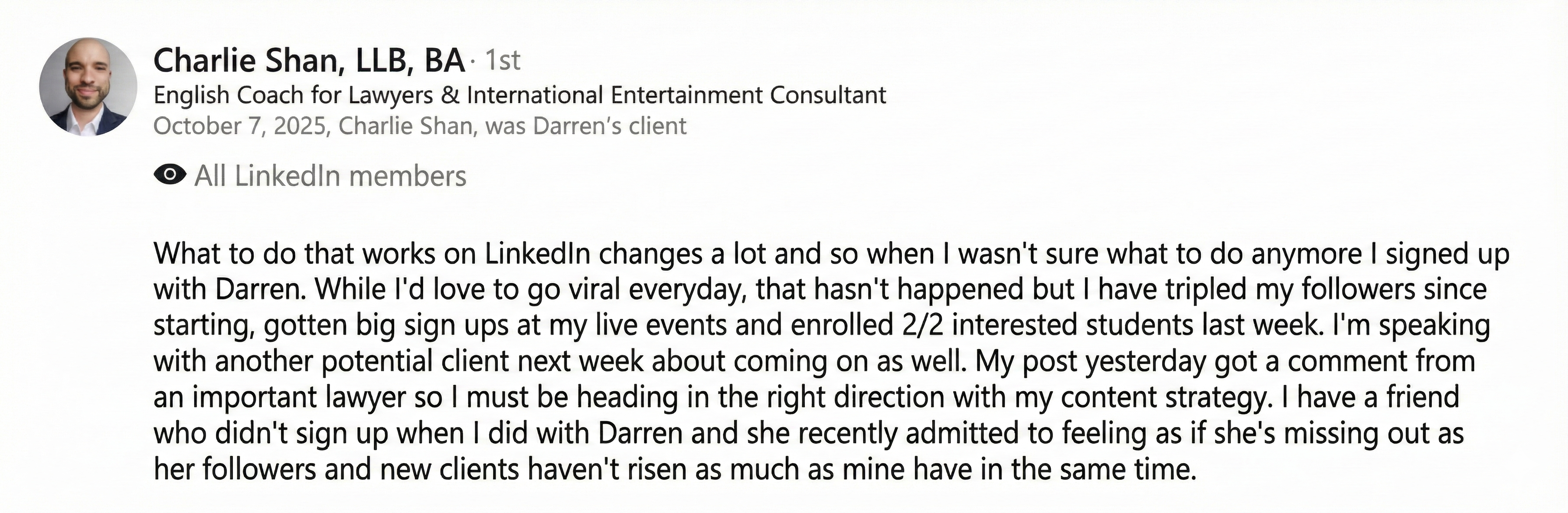 Charlie Shan testimonial